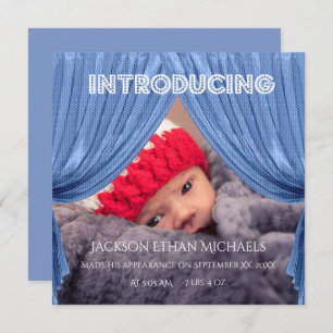 Blauer Vorhang Einleitung Geburtsankündigung Einladung