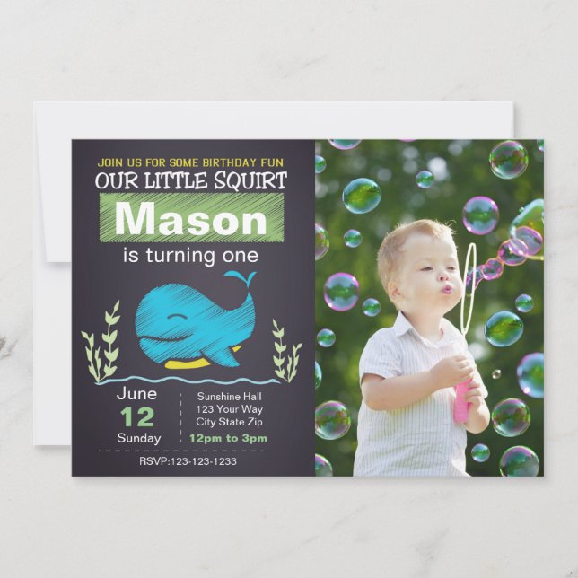 Blauer Wal Geburtstag Einladung mit Foto (Vorderseite)