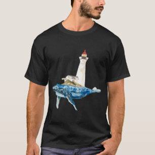 Blauer Wal mit Leuchtturm im Hintergrund. Aquarell T-Shirt