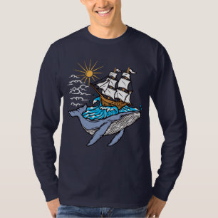 Blauer Wal Segelschiff Welle Maritimes Thema  T-Shirt