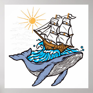 Blauer Wal Segelschiff Welle Sonnenschein Poster