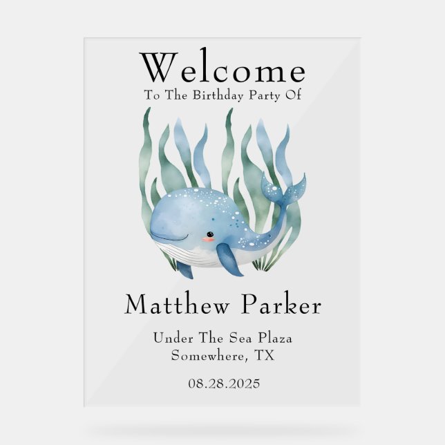 Blauer Wal unter dem Meeresjunge Begrüßungszeichen Acrylschild (Vorderseite)