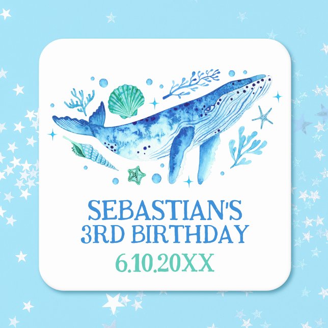 Blauer Wal unter dem Party Rechteckiger Pappuntersetzer (Blue Watercolor Whale Under the Sea Party Square Paper Coaster)