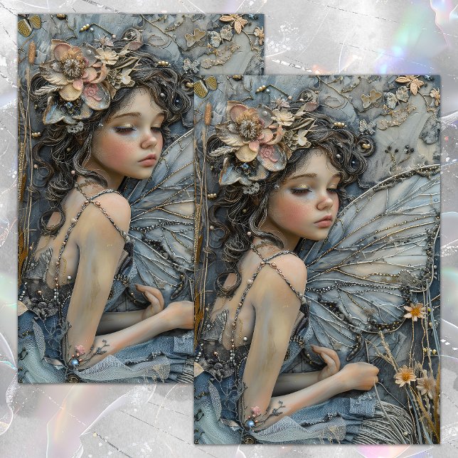 BLAUER WALDFAIRY MIRL DECOUPAGE TISSUPAPIER SEIDENPAPIER (BLUE FOREST FAIRY GIRL DECOUPAGE TISSUE PAPER)