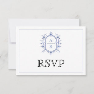 Blauer Wappen Monogramm QR Code Hochzeit RSVP Karte