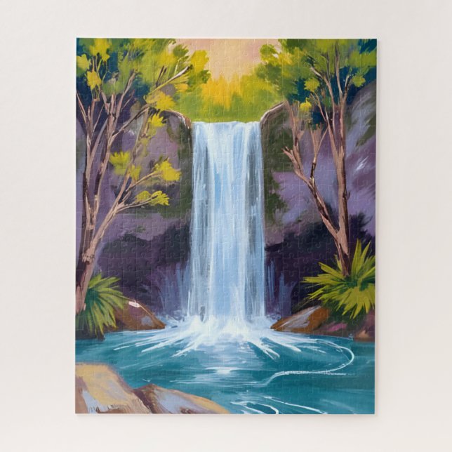 Blauer Wasserfall | Naturmalerei Waldlandschaft Puzzle (Vertikal)