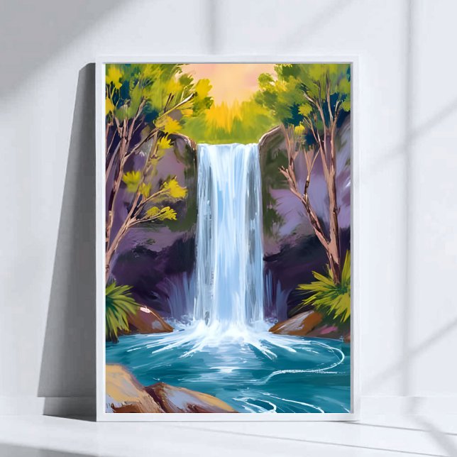 Blauer Wasserfall | Waldlandschaft Naturmalerei Poster (Von Creator hochgeladen)