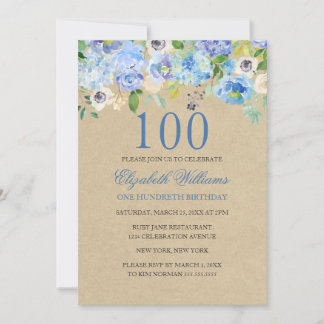 Blauer Wasserfarben 100. Geburtstag Einladung