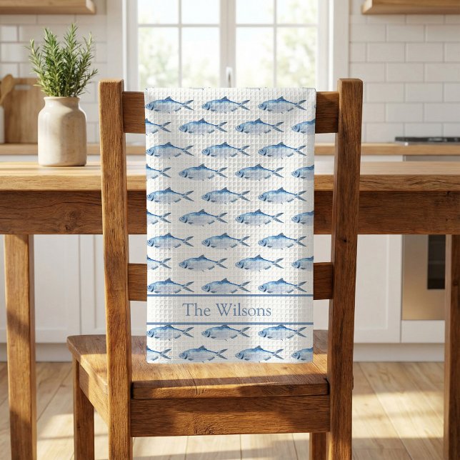 Blauer Wasserfarben-Fisch Schwimmt  Geschirrtuch (Blue Watercolor Fish Kitchen Towel)