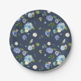 Blauer Wasserfarben Hydrangea und Rose Blumenmuste Pappteller