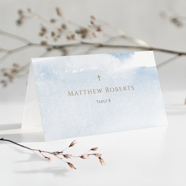 Blauer Wasserfarben-Junge-Taufe Platzkarte (Blue Watercolor Boy Baptism Place Card)