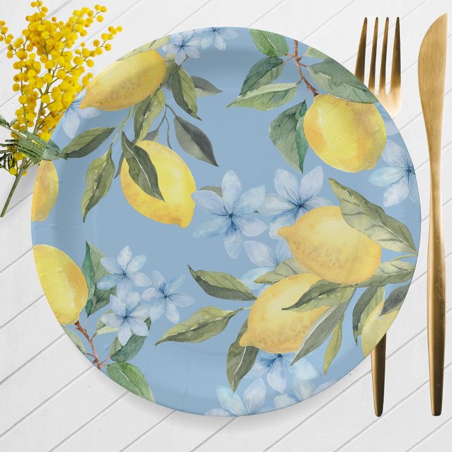 Blauer Wasserfarben Lemon und Blume Pappteller (Watercolor Lemon & Blue Flower Paper Plates for Main Squeeze Bridal Shower or Little Lemon Baby)