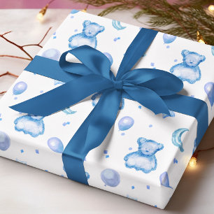Blauer Wasserfarben-Teddybär-Ballon-Baby-Junge Geschenkpapier