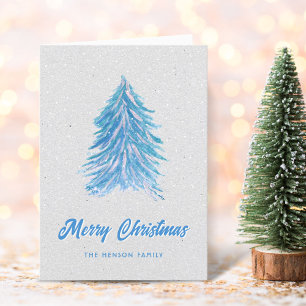 Blauer Wasserfarben-Weihnachtsbaum Einfach Fröhlic Feiertagskarte