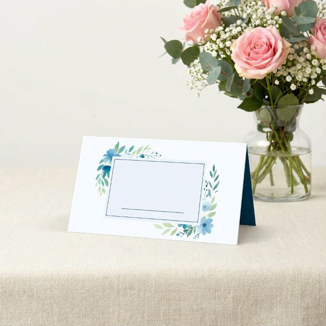 Blauer Wasserfarbenflorname Platzkarte (Blue Watercolor Floral Name Place Card.)
