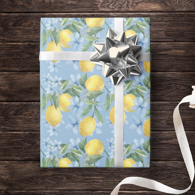 Blauer Wasserfarbenlemon und Blume Geschenkpapier (Lemon and Blue Floral Watercolor Wrapping Paper. Great for a main squeeze party or lemon baby shower)