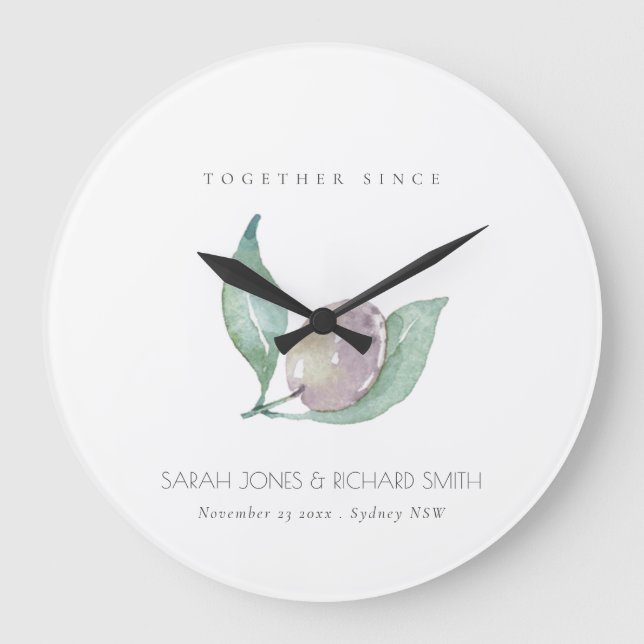 BLAUER WATERCOLOR OLIVE SAVE THE DATE BREITE GESCH GROßE WANDUHR (Vorderseite)