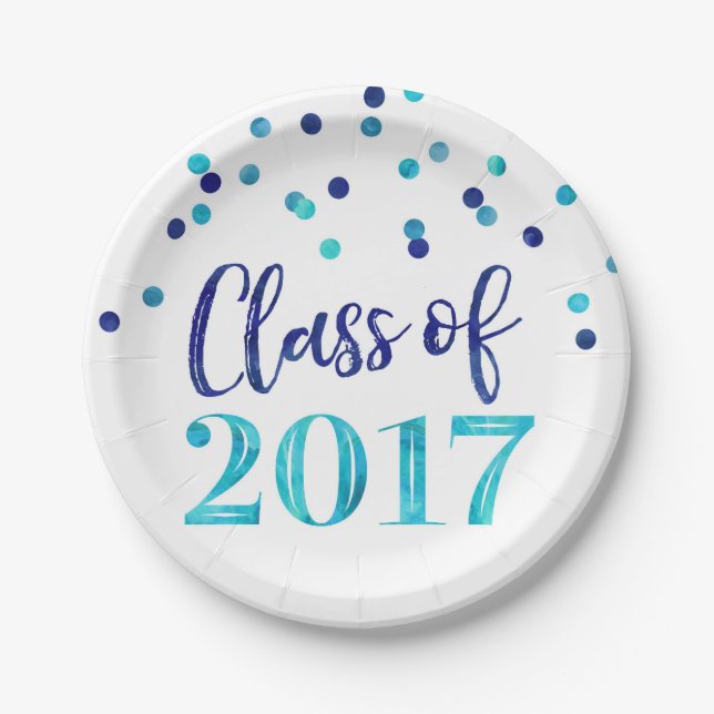 Blauer Watercolorconfetti-Abschluss 2017 Pappteller (Vorderseite)