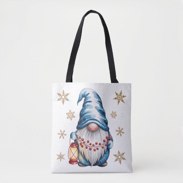 Blauer Weihnachts-Gnom mit roter Laterne und Beere (Vorderseite)
