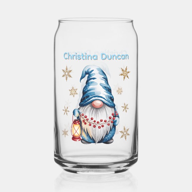 Blauer Weihnachts-Gnom mit roter Laterne und Beere Dosenglas (Vorderseite)
