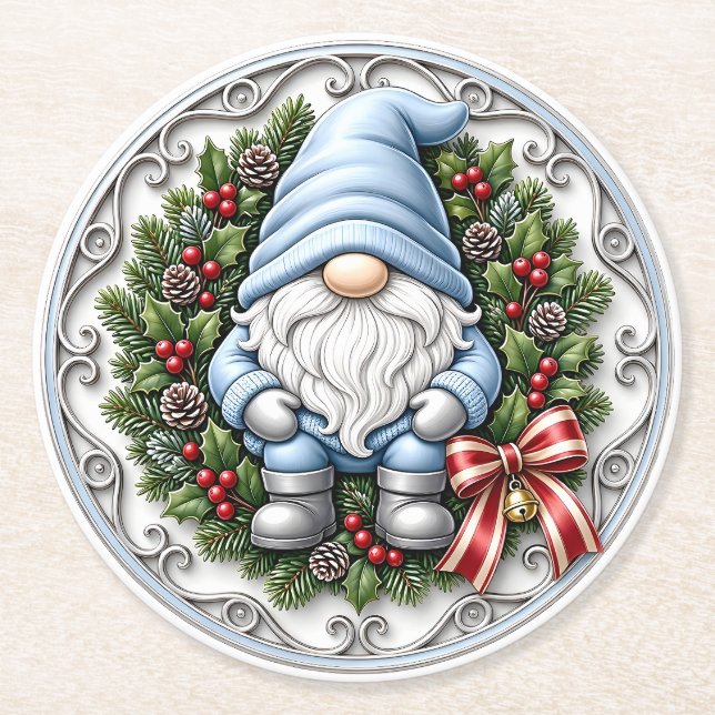 Blauer Weihnachts-Gnom Runder Pappuntersetzer (Vorderseite)