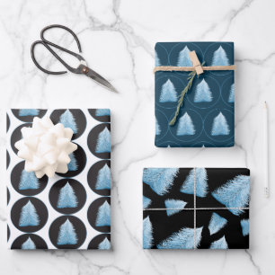 Blauer Weihnachtsbaum auf schwarz und blau Geschenkpapier Set