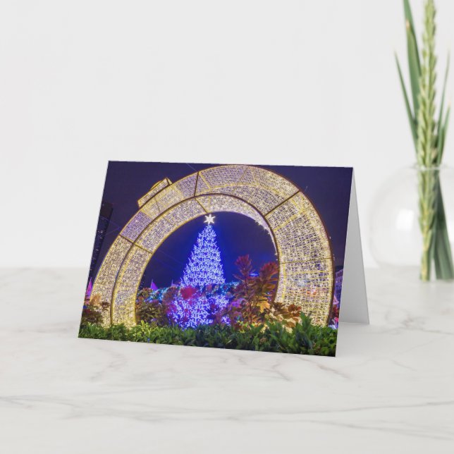 Blauer Weihnachtsbaum gerahmt im Weihnachtsball Karte (Vorderseite)