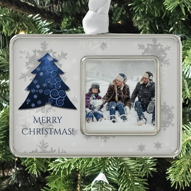 Blauer Weihnachtsbaum Gerahmte Ornamente Rahmen-Ornament Silber (Blue Festive Christmas Tree Framed Ornament)