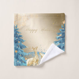 Blauer Weihnachtsbaum, Goldene Rentiere, Schneeflo Badhandtuch Set