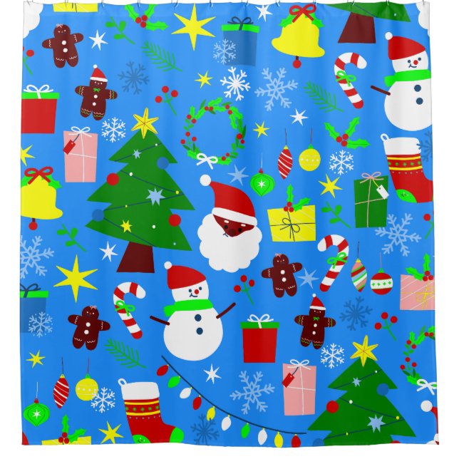 Blauer Weihnachtsbaum schwarzer Santa Duschvorhang (Vorderseite)