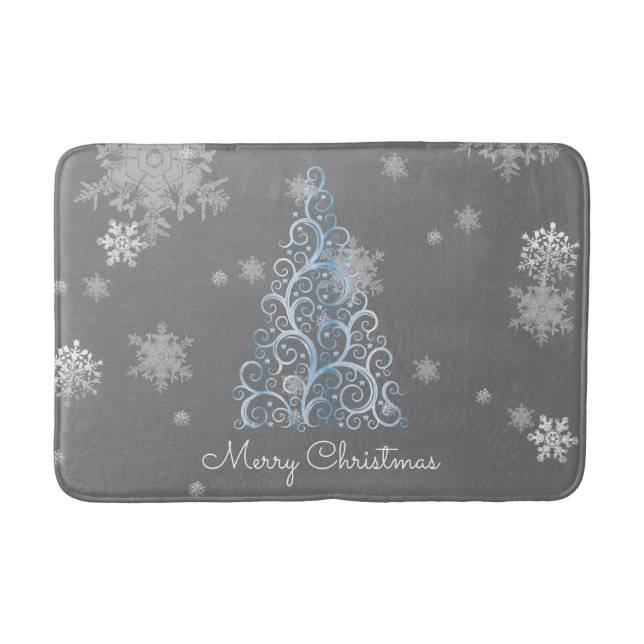 Blauer Weihnachtsbaum und Schneeflocken Bath Mat Badematte (Vorderseite)