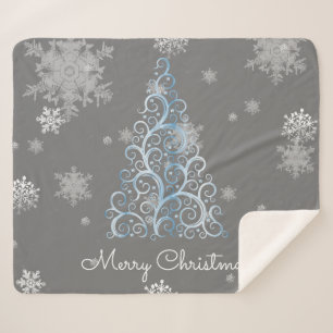 Blauer Weihnachtsbaum und Schneeflocken Sherpa Bla Sherpadecke