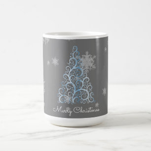 Blauer Weihnachtsbaum und Schneeflocken Tasse