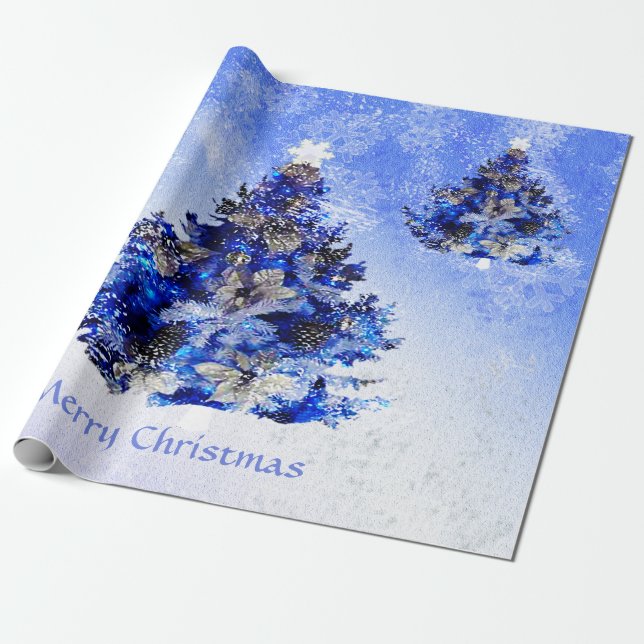 Blauer Weihnachtsbaum verziert Geschenkpapier (Ungerollt)