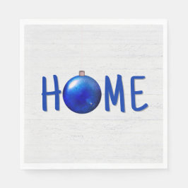 Blauer Weihnachtsschmuck mit Zuhause Text Serviette