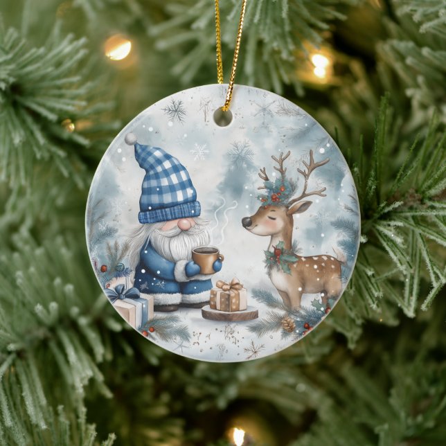 Blauer Weihnachtszwerg  Keramik Ornament (Baum)