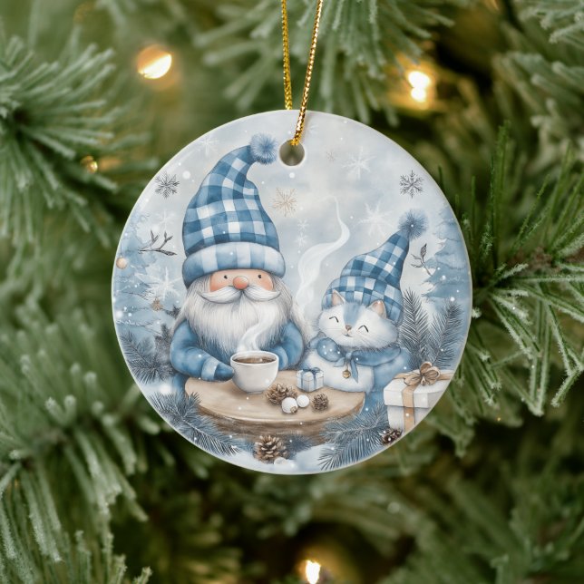 Blauer Weihnachtszwerg  Keramik Ornament (Baum)
