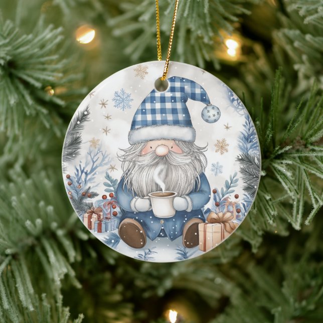 Blauer Weihnachtszwerg  Keramik Ornament (Baum)