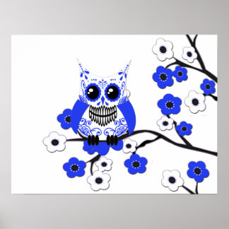 Blauer Weiße Kirschblüten Owl Poster