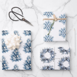 Blauer weiße Weihnachtsbaum Geschenkpapier Set