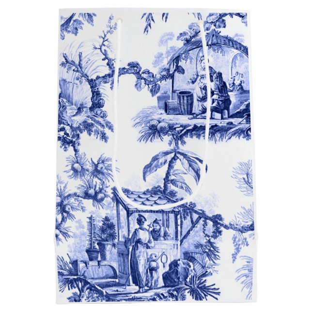 Blauer weißer Chinoiserie Toile Mittlere Geschenktüte (Rückseite)