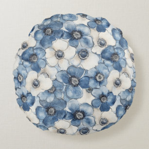 Blauer Weißer Denim Herzstreifen Floral Rundes Kissen