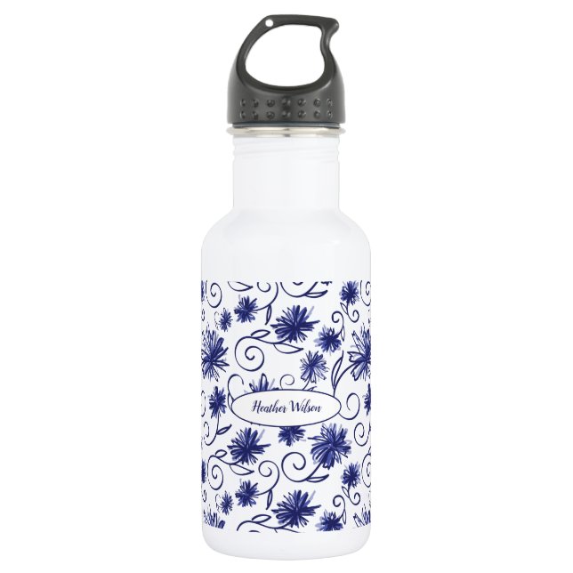 Blauer weißer Flasche Wasser Flasche mit Name Edelstahlflasche (Vorderseite)
