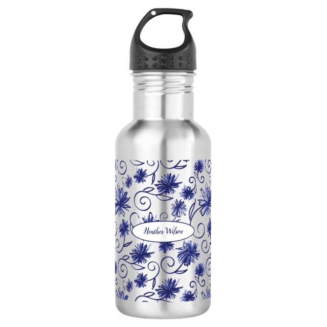 Blauer weißer Flasche Wasser Flasche mit Name Edelstahlflasche (Vorderseite)