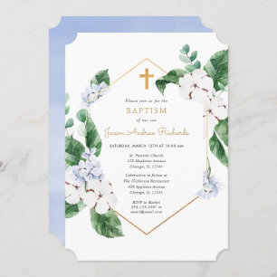 Blauer weißer Frühlingsfloral Goldjunge Taufe Einladung