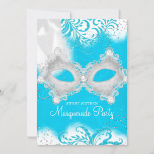 Blauer weißer Funkelmasquerade Sweet 16 Einladung