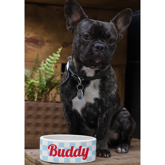 Blauer weißer gekreuzter Hund Welpenkatze Name Ret Napf (Blue White Checkered Dog Puppy Cat Name Retro Food Bowl)