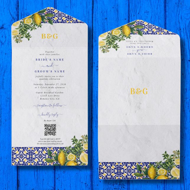 Blauer weißer, gelber Mittelmeerfleck All In One Einladung (Blue White Yellow Mediterranean Tile Lemon Wedding All In One Invitation)