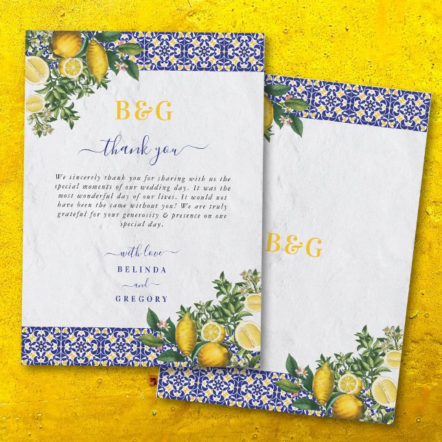 Blauer weißer, gelber Mittelmeerfleck Dankeskarte (Blue White Yellow Mediterranean Tile Lemon Wedding Thank You Card)
