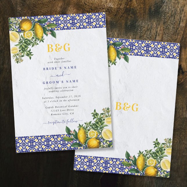 Blauer weißer, gelber Mittelmeerfleck Einladung (Blue White Yellow Mediterranean Tile Lemon Wedding Invitation)